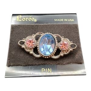 Loree Vintage Victorian Style Brooch Blue And Pink Glass Silver Tone USA New